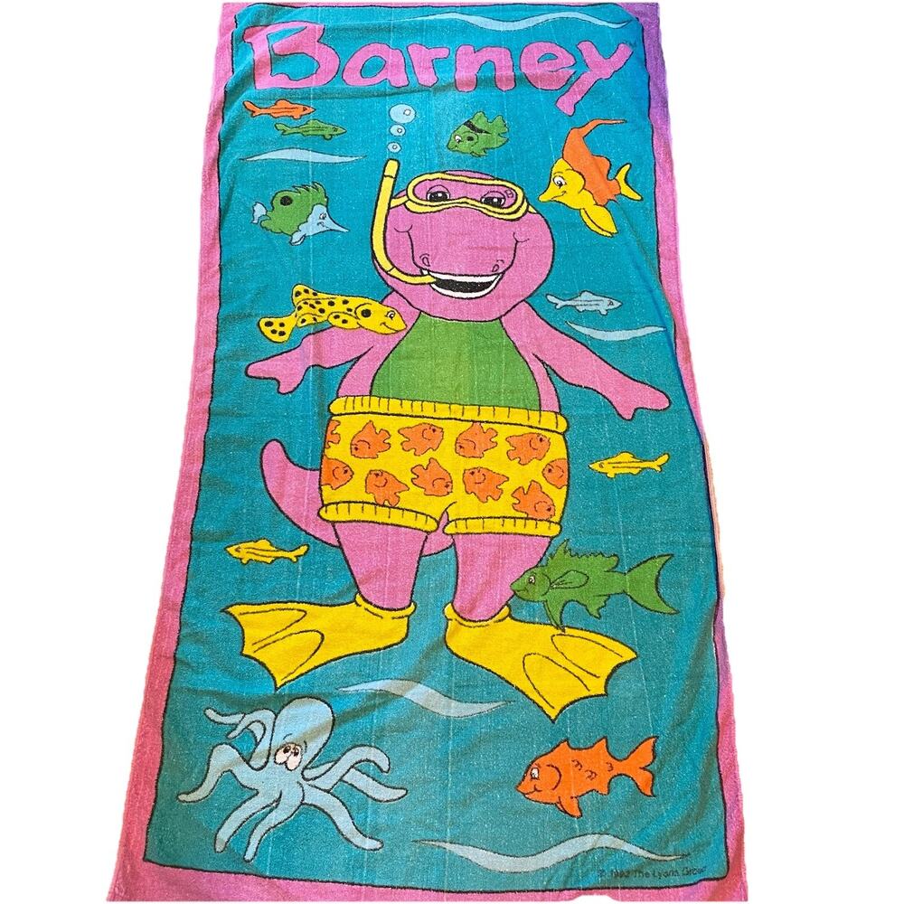 Vintage 1992 Barney Beach Towel 55”x28” Snorkeling Underwater Fishies Colorful